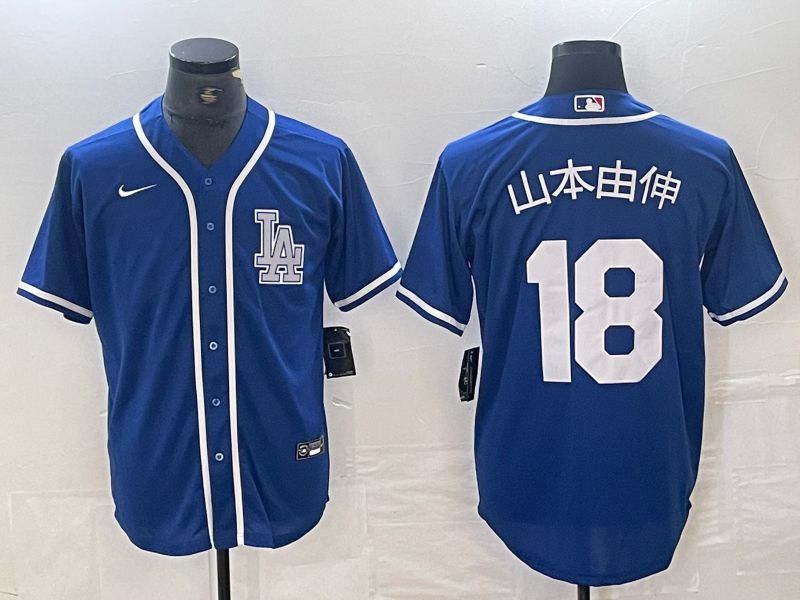 Men Los Angeles Dodgers 18 Yamamoto Blue Second generation joint name Nike 2024 MLB Jersey style 3